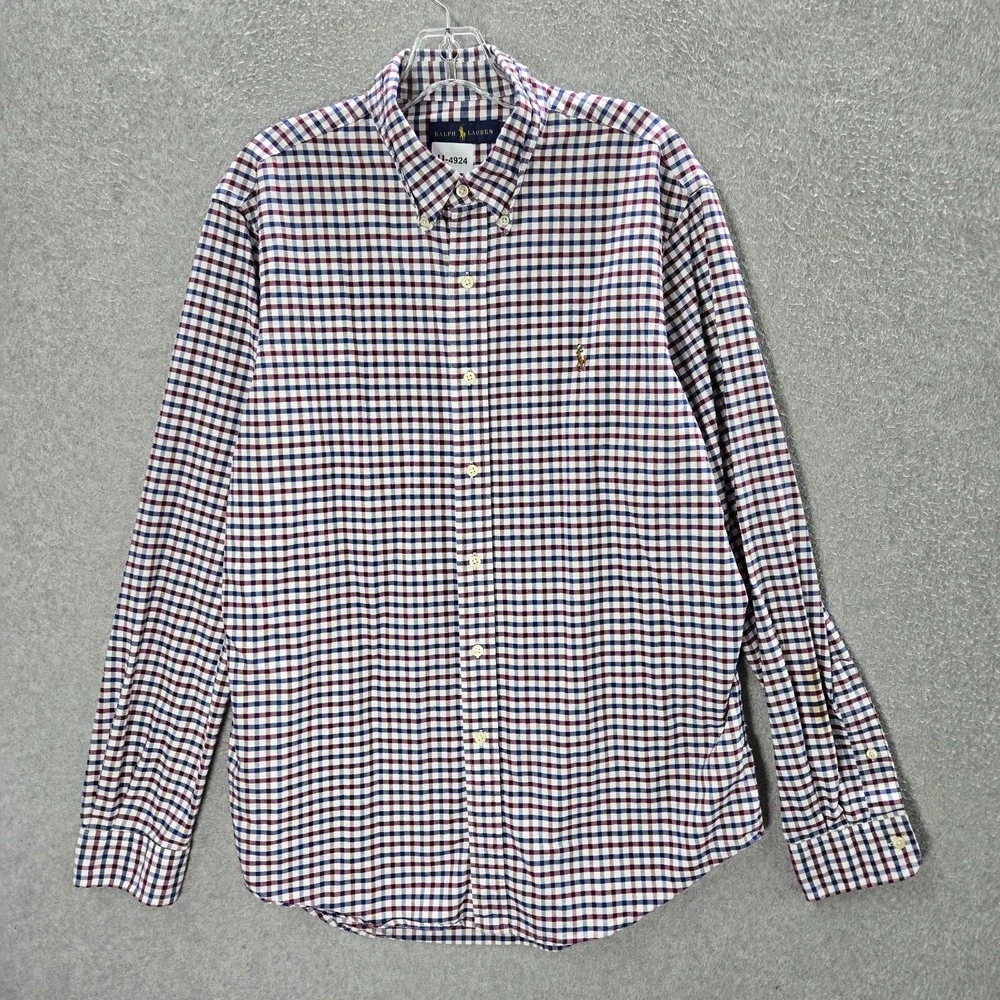 Ralph Lauren Men Button Up Shirt Large Blue Gingham Check Color Logo Collar READ